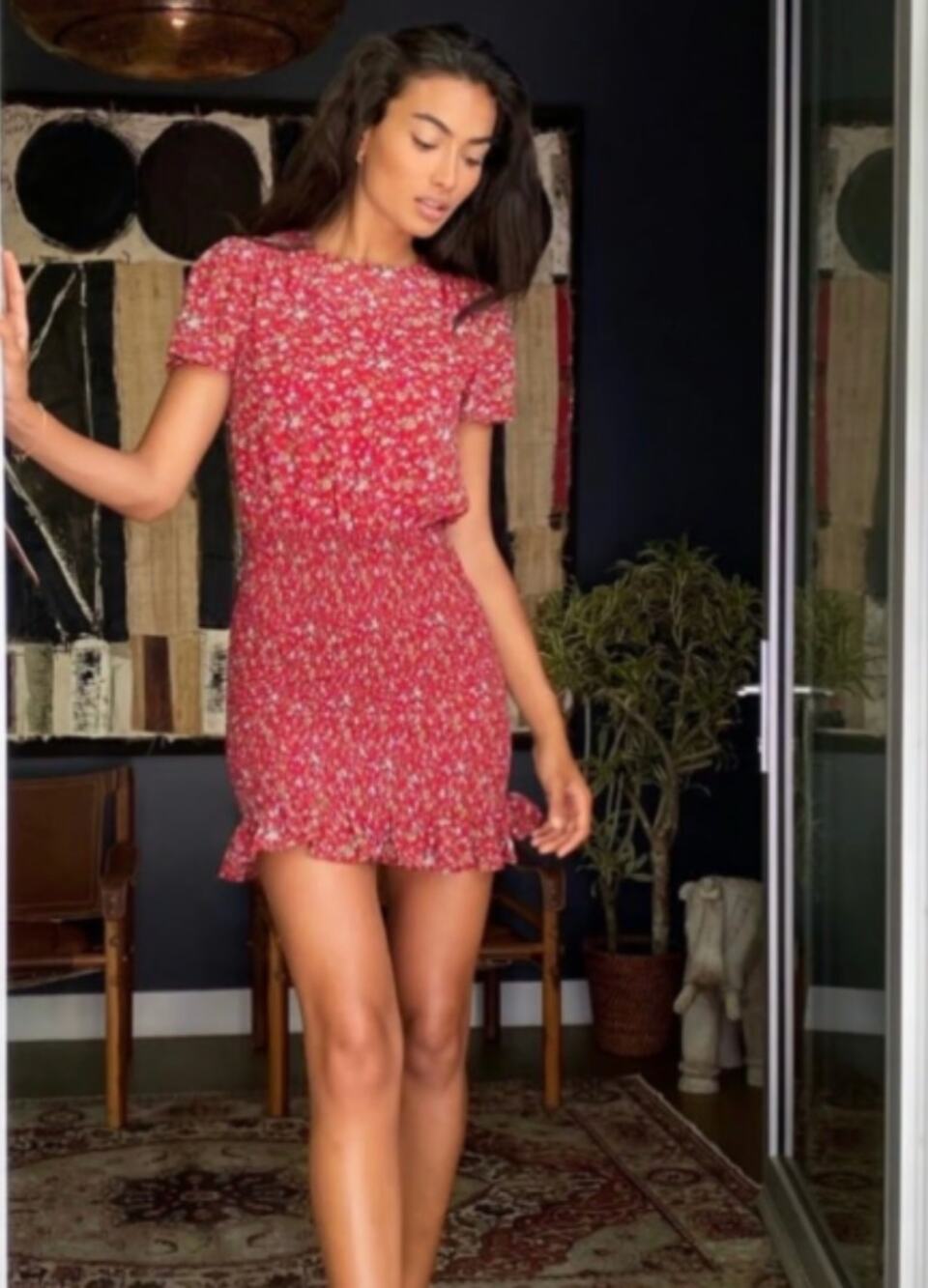 Urban Outfitters XS Flutter Smocked Ditsy Floral Print Mini Dress Red